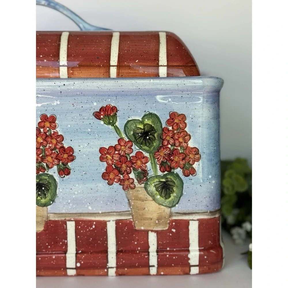 RARE‎ Dept 56 Ceramic Floral Lidded Bread Box/Planter/Decor Country Cottage Blue